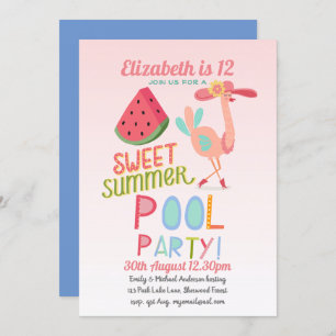 Invitación Fiesta de la PISCINA Flamingo Tropical Agua Rosa C