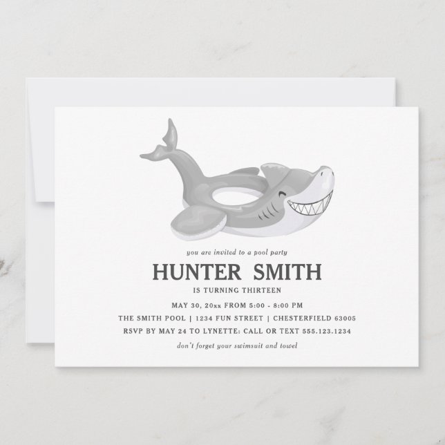 Invitación Fiesta de la piscina flotante de tiburón cumpleaño (Anverso)