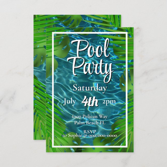 Invitación Fiesta de la piscina fresca hojas de palma  (Anverso / Reverso)