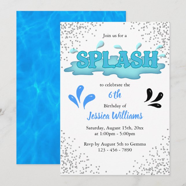 Invitación Fiesta de la piscina infantil "Splash" (Anverso / Reverso)