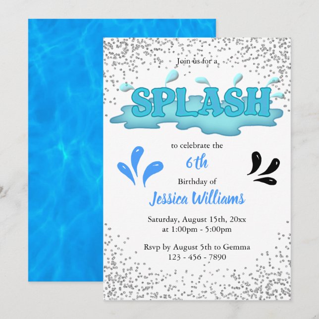 Invitación Fiesta de la piscina infantil "Splash" (Anverso / Reverso)