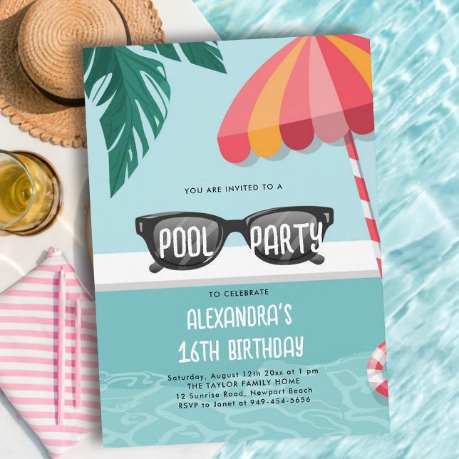 Invitación Fiesta de la piscina Leaf tropical moderna Diversi (sweet 16 pool party invitations pink teal tropical leaf modern simple fun cool teen sunglasses cute)