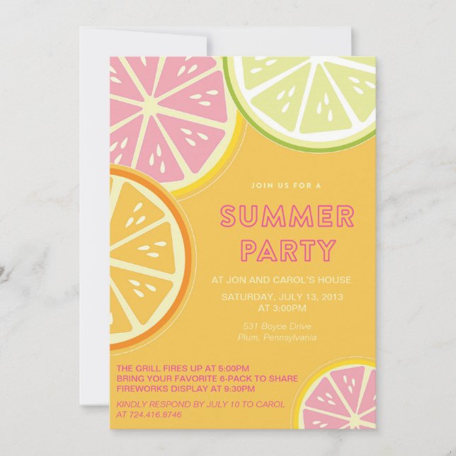 Invitación Fiesta de la piscina lemonade verano (Anverso)