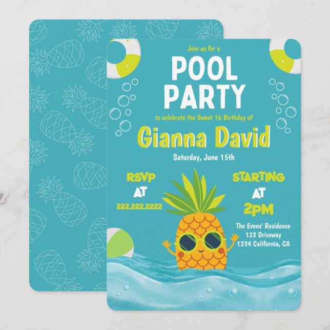 Invitación Fiesta de la piscina moderna de piña cumpleaños ve (Anverso / Reverso)