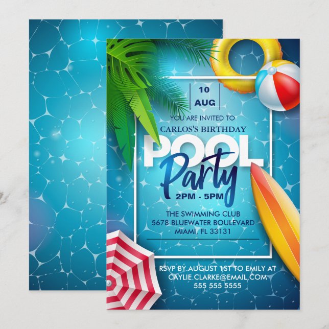 Invitación Fiesta de la piscina, regalo de cumpleaños para el (Anverso / Reverso)