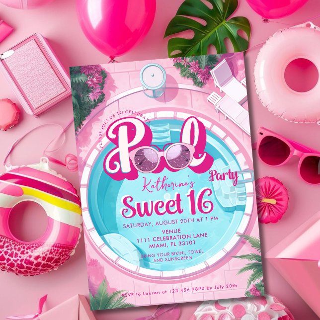 Invitación Fiesta de la piscina rosa brillante Girly Sweet 16 (Bright Pink Pool Party Girly Sweet 16 Sixteen Invitation)