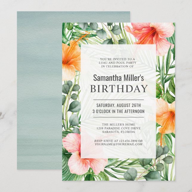 Invitación Fiesta de la piscina tropical de cumpleaños de Lua (Anverso / Reverso)