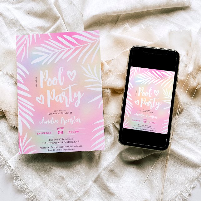 Invitación Fiesta de la piscina tropical de la palma arco iri (Tropical palm rainbow pool party Sweet 16 Invitation)