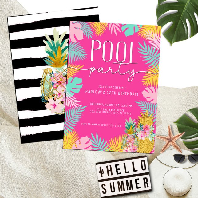 Invitación Fiesta de la piscina tropical de Luau Rosado Calie (Subido por el creador)