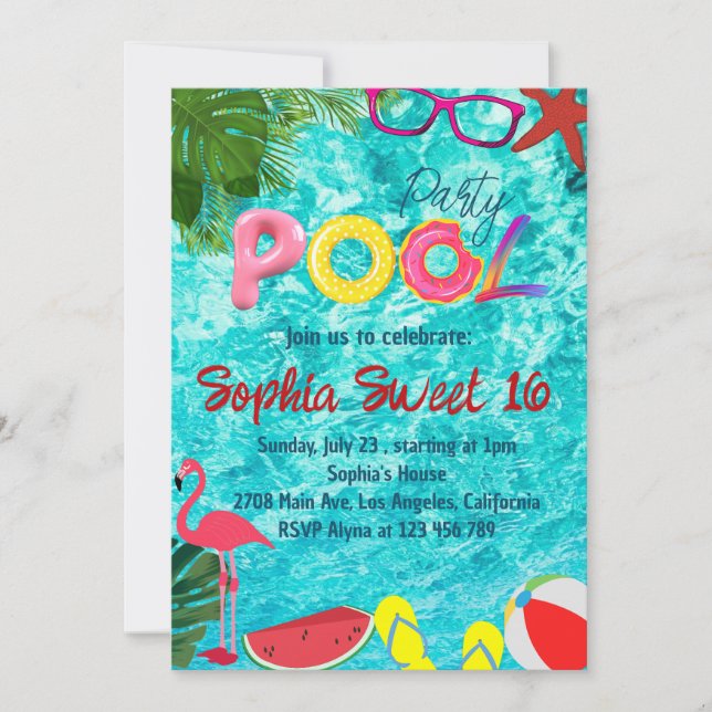 Invitación Fiesta de la piscina tropical de verano de cumplea (Anverso)