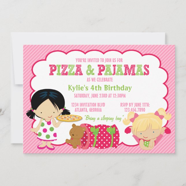 Invitación Fiesta de la pizza y del Sleepover de los pijamas (Anverso)