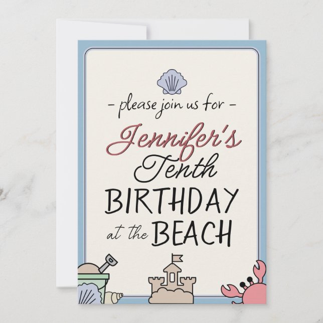 Invitación Fiesta de la playa de cumpleaños Kid Cute Sandcast (Anverso)