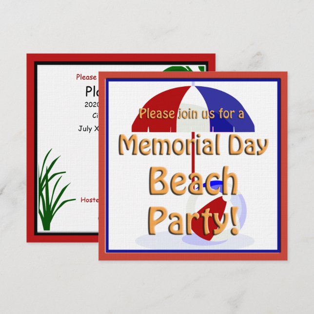 Invitación Fiesta de la playa Memorial Day Invite (Anverso / Reverso)