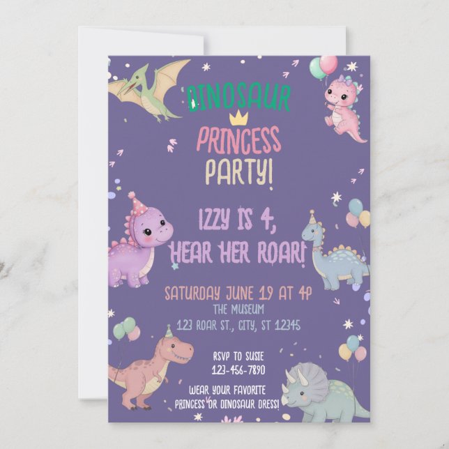 Invitación Fiesta de la Princesa de Dinosaurio en cuarto cump (Anverso)