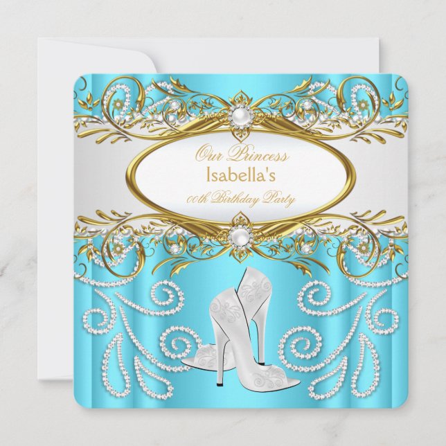 Invitación Fiesta de la Princesa Oro Verde azulado Perla Blan (Anverso)