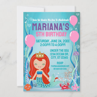 Invitación Fiesta de la Princesa Sirena (cabello rojo)