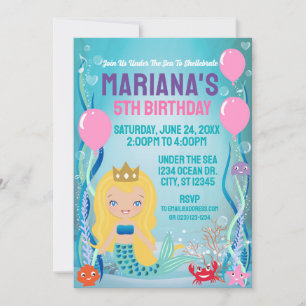 Invitación Fiesta de la Princesa Sirena (cabello rubio)