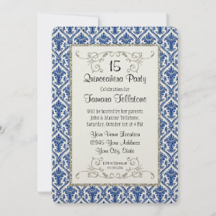 Invitación Fiesta de la Purpurina de Plata Faux Damask Quince