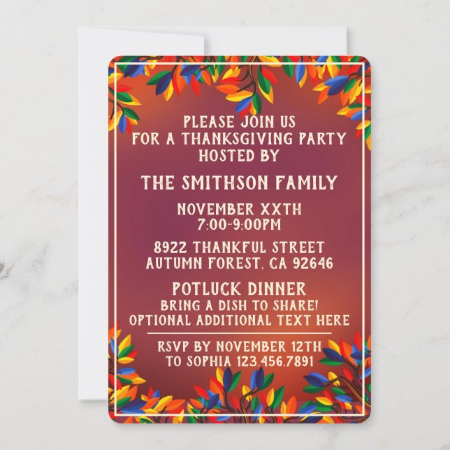 Invitación Fiesta de la reunión del Día de Acción de Gracias  (Reverso)