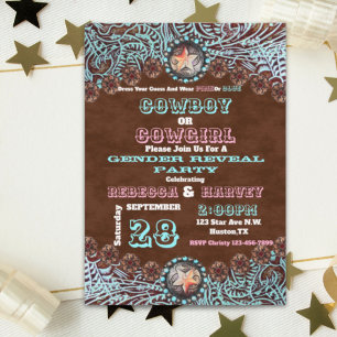 Invitación fiesta de la revelación de género de vaqueros o va