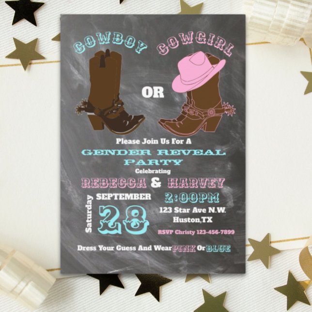 Invitación fiesta de la revelación de género de vaqueros o va (western cowboy or cowgirl gender reveal party invitation)