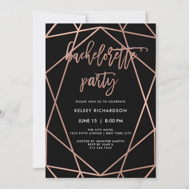 Invitación Fiesta de la soltera| Geométrica Faux Rosa Gold (Anverso)