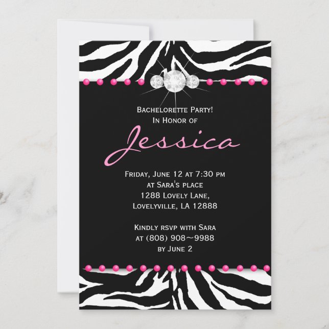 Invitación Fiesta de la soltera invita a joyas de cebra rosa  (Anverso)