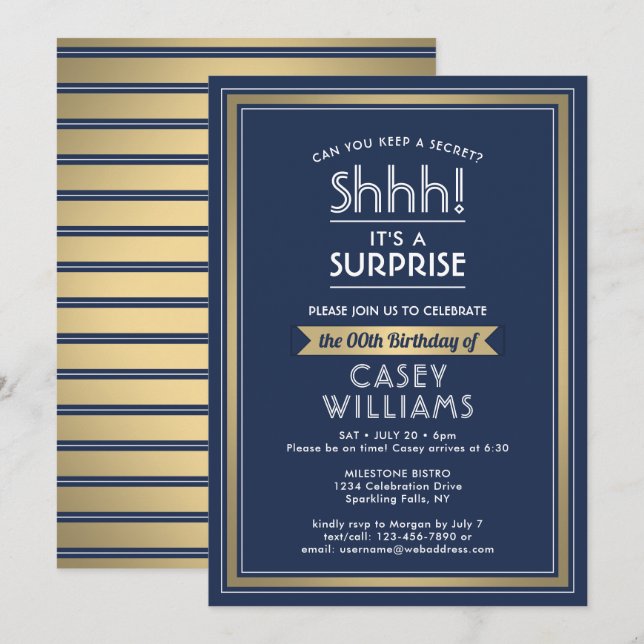 Invitación ¡Fiesta de la sorpresa de cumpleaños Shhh! Azul ma (Anverso / Reverso)