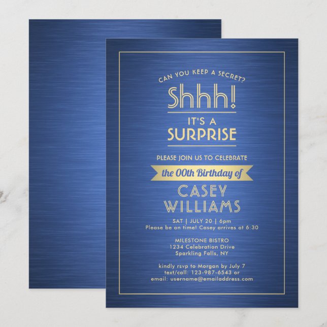 Invitación ¡Fiesta de la sorpresa de cumpleaños Shhh! Azul y  (Anverso / Reverso)