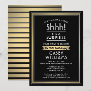 Invitación ¡Fiesta de la sorpresa de cumpleaños Shhh! Negro,