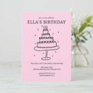 Invitación Fiesta de la torta de cumpleaños Doodle Cute Perso