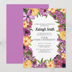 Invitación Fiesta de la Universidad Floral Amarillo Púrpura