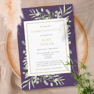 Invitación Fiesta de la vida en el funeral de Purple Gold Gre