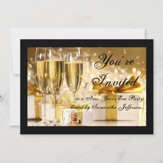 Invitación Fiesta de la víspera de Año Nuevo de Champagne neg (Anverso)