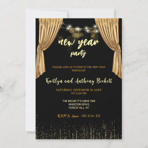 Invitación Fiesta de la víspera de Año Nuevo Negro de oro esp