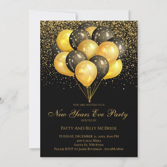Invitación Fiesta de la víspera de Año Nuevo Oro y Negro (Anverso)