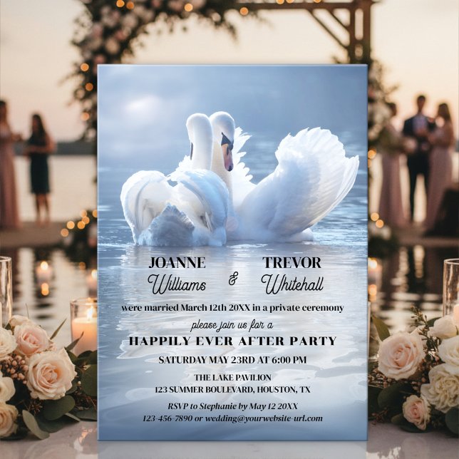Invitación Fiesta de Lago de los Cisnes Felices para Siempre (Happily ever after wedding invitation featuring two swans in love on a sunlit lake)