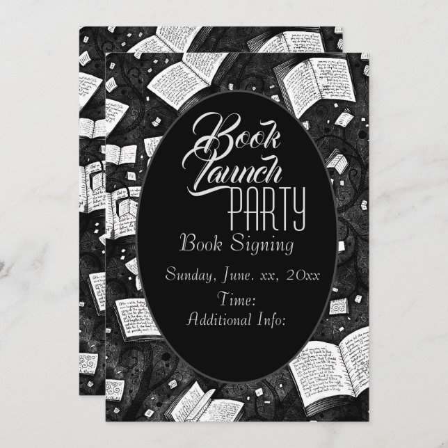 Invitación Fiesta De Lanzamiento De Libros En Blanco Y Negro (Anverso / Reverso)