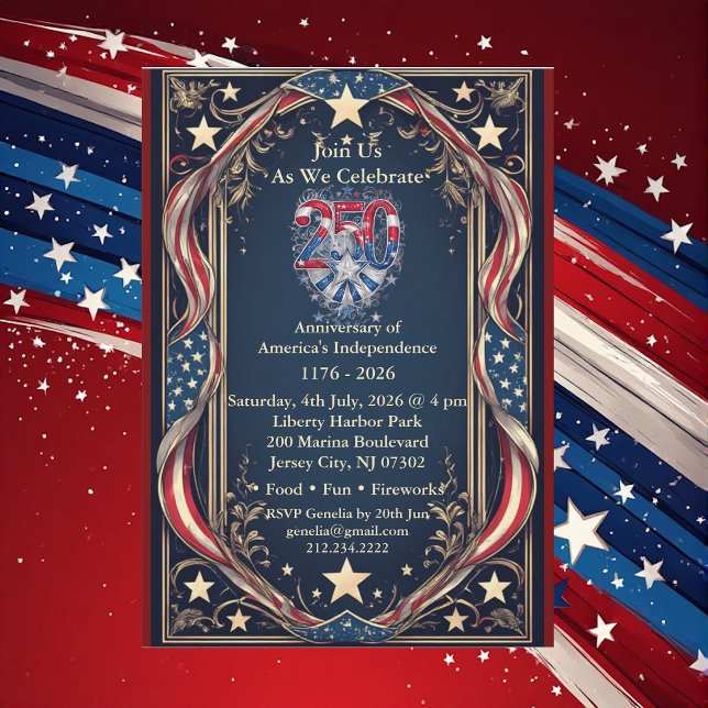 Invitación Fiesta de las Estrellas y Franjas del 250 Aniversa (Americana 250 Anniversary Stars and Stripes Party Invitation)