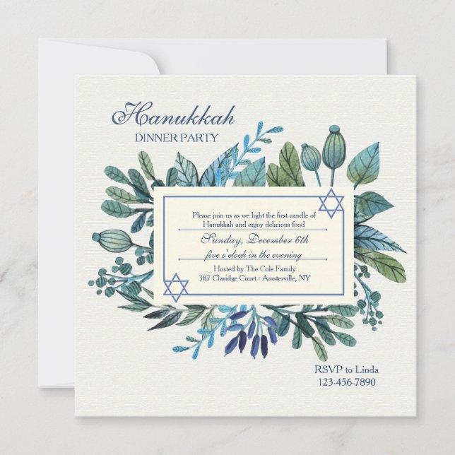 Invitación Fiesta de las hojas azules y berries Hanukkah (Anverso)