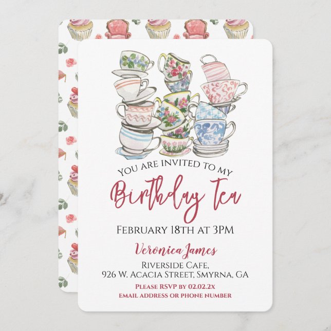Invitación Fiesta de las tazas de té de cumpleaños (Anverso / Reverso)
