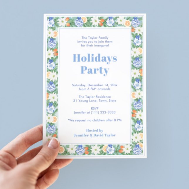 Invitación Fiesta de las vacaciones clásicas de Chinoiserie C (Citrus Ginger Jar Holidays Party Invitation Featuring Hand Painted Chintz border in blues and orange)