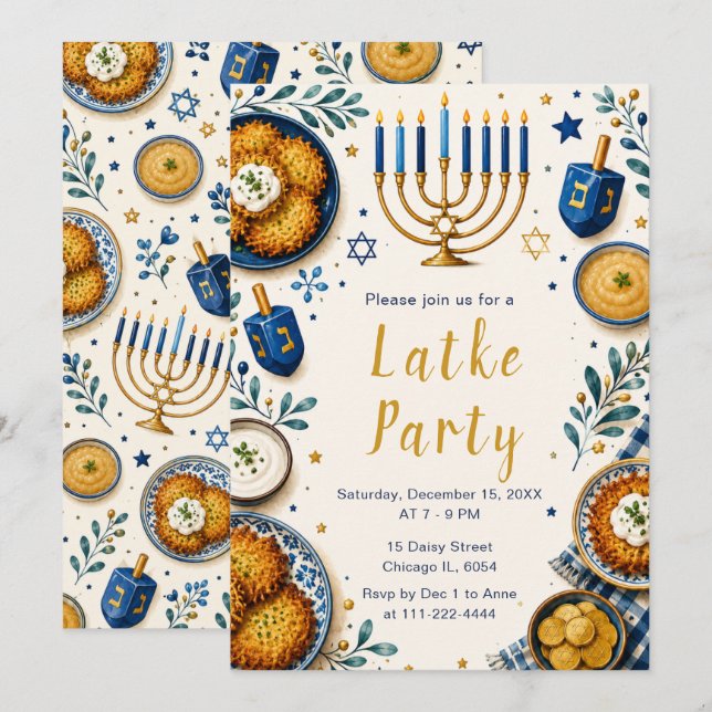 Invitación Fiesta de latkes de Janucá (Anverso / Reverso)
