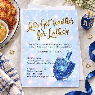 Invitación Fiesta de Latkes de Janucá con Trompo Azul Brillan