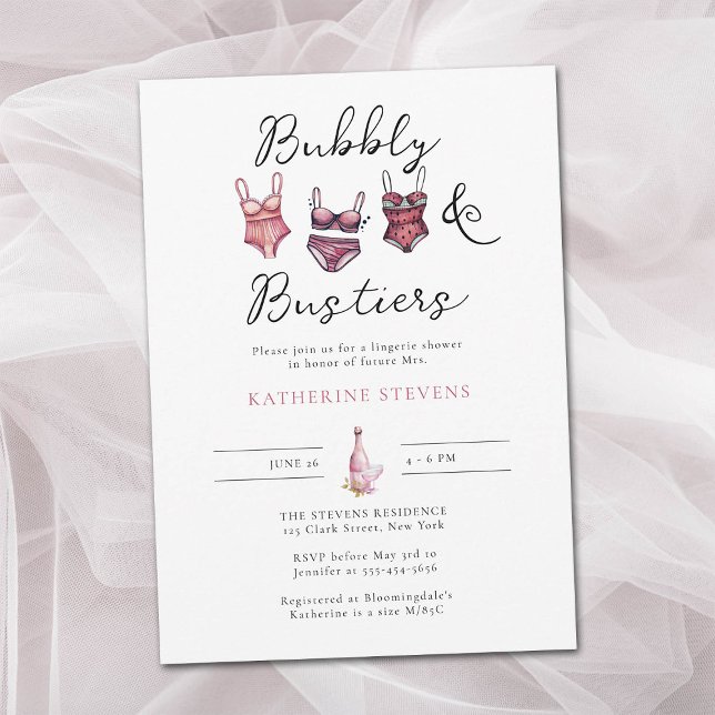 Invitación Fiesta de lencería Bubbly Bustiers Moda ducha de n (lingerie shower bubbly bustiers bridal invite watercolor pink blush gold eucalyptus classy chic pink)