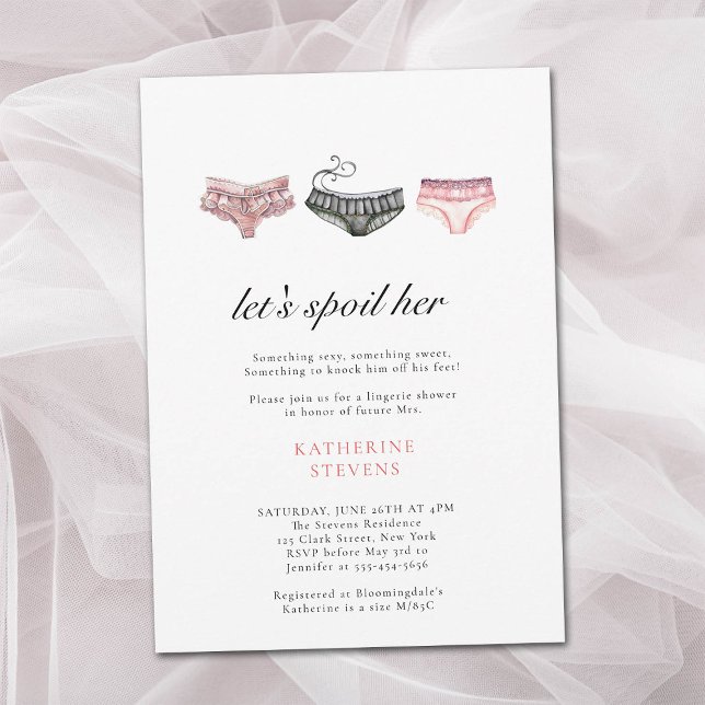 Invitación Fiesta de lencería deja arruinar su ducha de novia (lingerie shower invitation bridal lets spoil her something sexy sweet watercolor underwear classy)