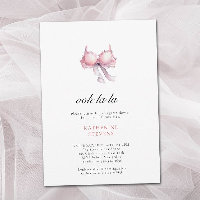 Invitación Fiesta de lencería Ooh La Ribbon Bridal Shower (lingerie party invitation bridal pink bra black ribbon watercolor pretty illustration minimalist )