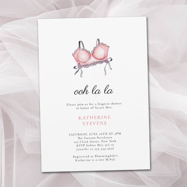 Invitación Fiesta de lencería Ooh La Ribbons Ducha Bridal (lingerie shower bridal invite pink ribbons lace bra modern minimalist elegant classy watercolor chic)