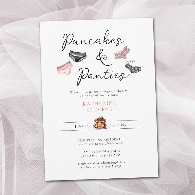 Invitación Fiesta de lencería Pancakes Panties British Shower (panties pancakes lingerie shower bridal underwear pink black watercolor sweet sexy classy chic)