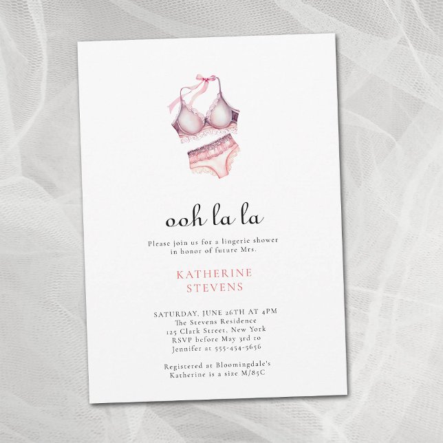 Invitación Fiesta de lencería rosada Ooh La Bow Bridal Shower (lingerie shower pink lace bridal bra panties invitation watercolor elegant minimalist modern classy )